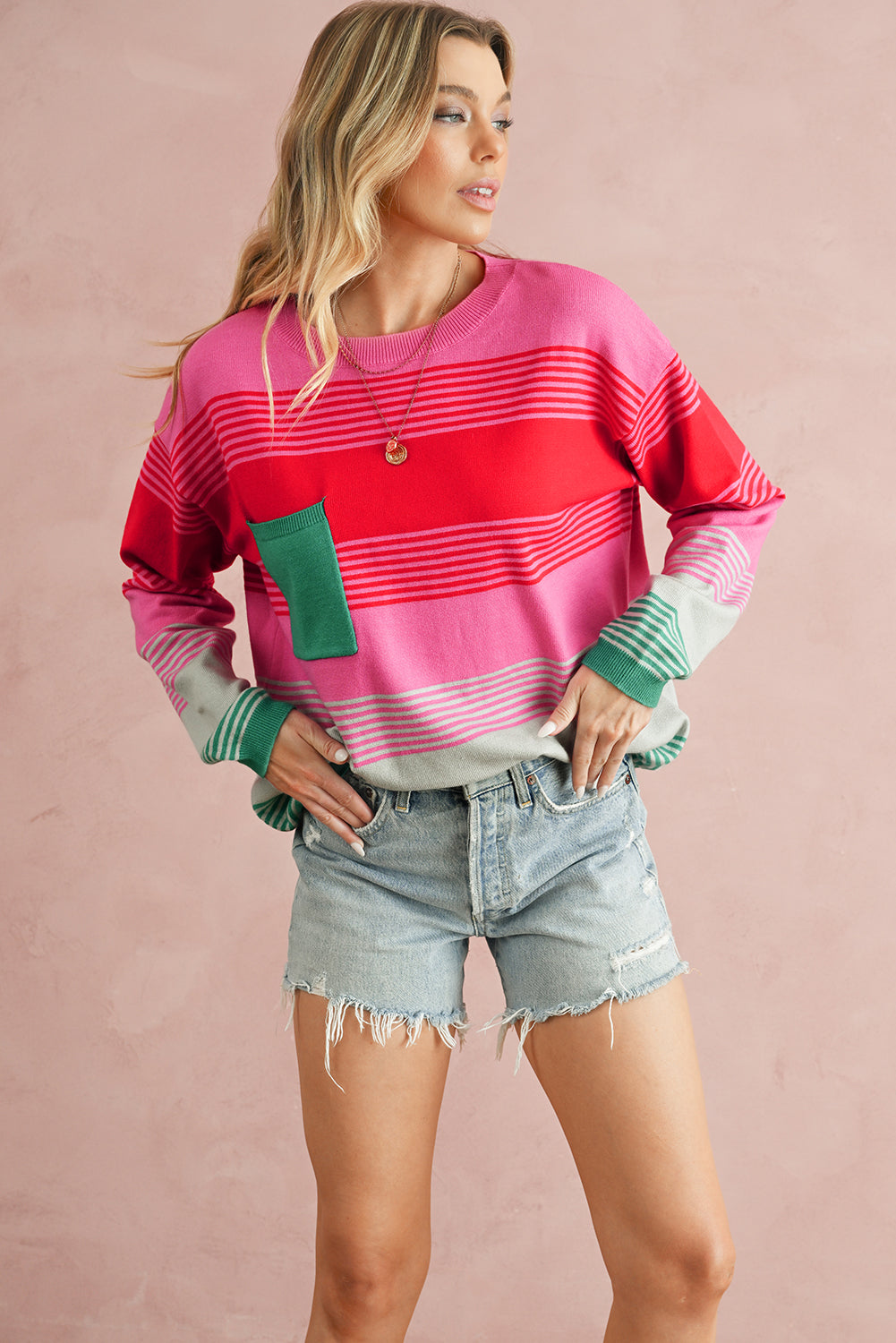 Rose Striped Patch Pocket Drop Shoulder Knit Sweater