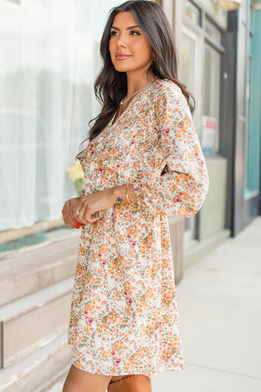 Yellow Boho Floral V Neck Ruffled High Waist Long Sleeve Mini Dress