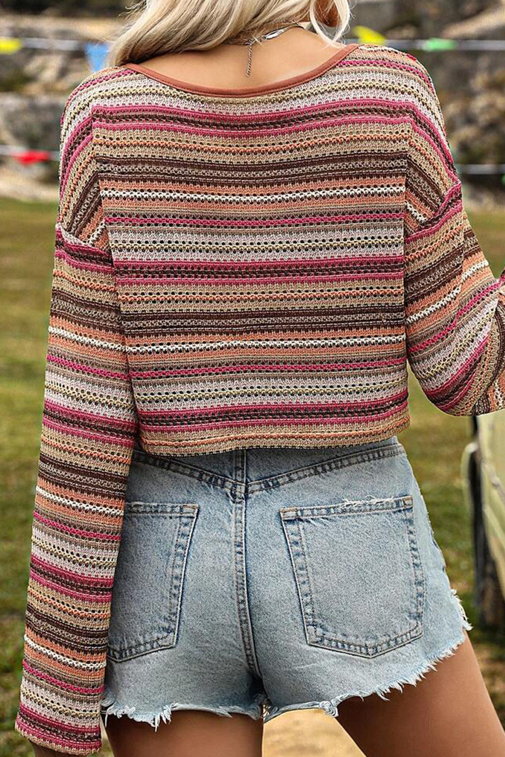 Rose Red Ethnic Striped Cropped Long Sleeve Top