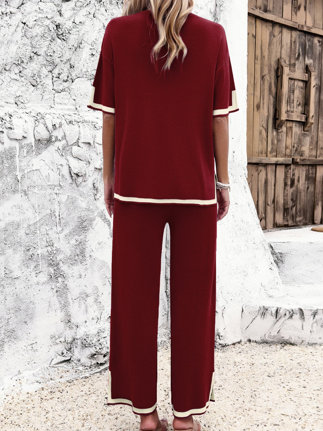 Devine Contrast Trim Round Neck Top and Pants Set