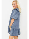 Dusk Blue Ruffle Collar Side Pockets Puff Sleeve Denim Mini Dress