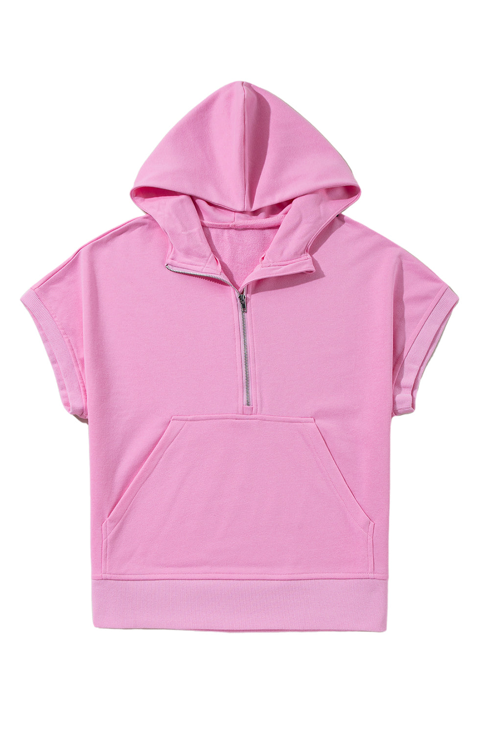 Bonbon Half Zipper Kangaroo Pocket Short Sleeve Hoodie