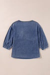 Sky Blue Frill Trim Puff Sleeve Pocket Denim Blouse