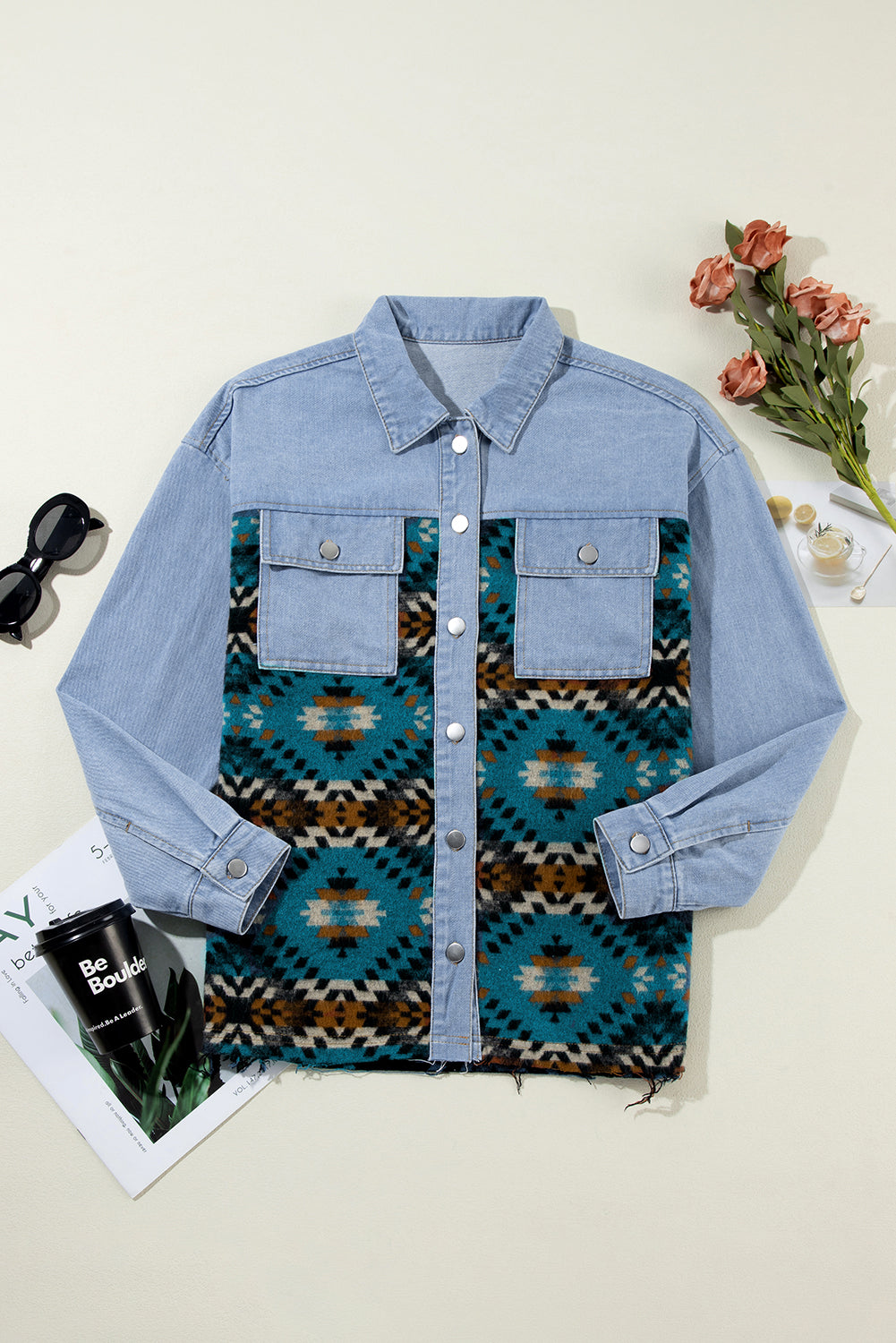 Blue Vintage Geometric Print Raw Hem Denim Jacket