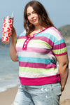 Rose Stripe Colorblock Plus Size Knit Henley Top