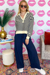 Blue Striped Long Sleeve V Neck Top