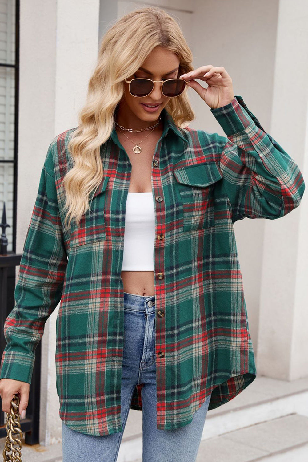 Green Plaid Chest Pocket Button Front Shirt