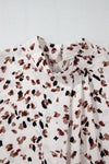 White Leopard Print Puff Sleeve Mock Neck Pleated Blouse