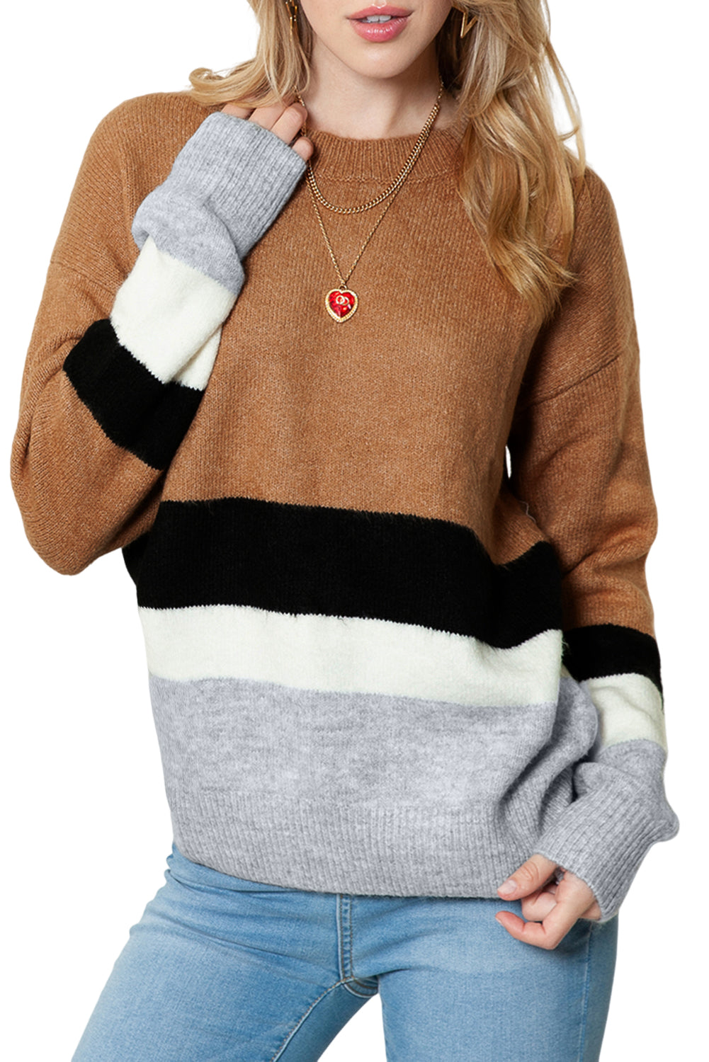 Brown Casual Striped Colorblock Ribbed Knit Sweater