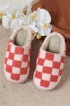 Light Blue Checkered Print Fuzzy Slip On Winter Slippers