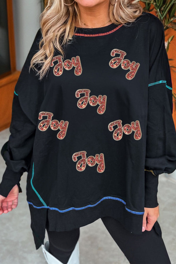 Black Sequin Joy Letter Graphic Contrast Seam Detail Drop Shoulder Sweatshirt