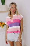 Pink Colorblock Notch V Neck Knit T Shirt
