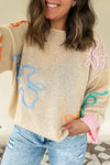Jet Stream Contrast Flower Detail Colorblock Cuffed Loose Sweater