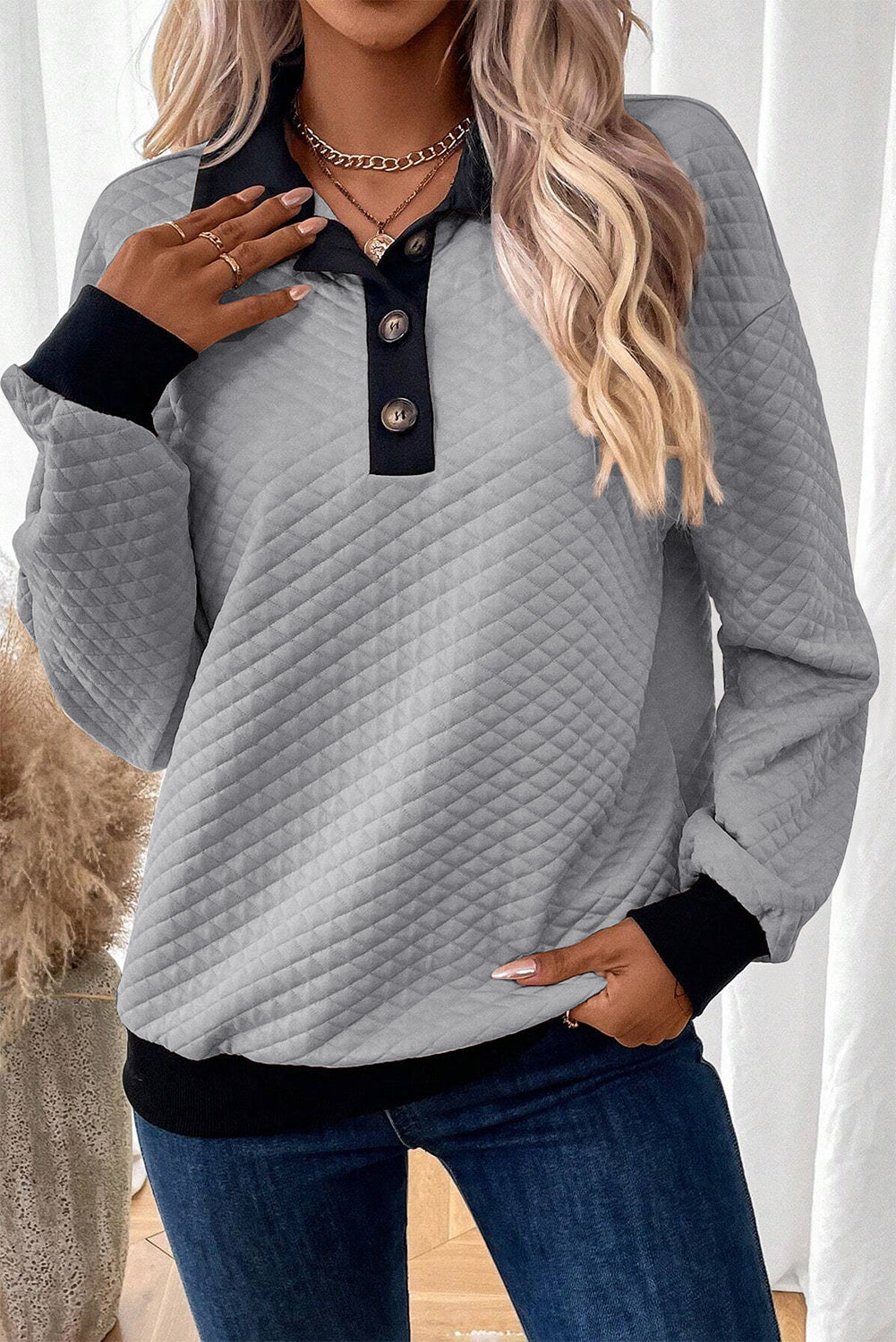 Light Grey Texture Patchwork Button Collared Sweatshirt