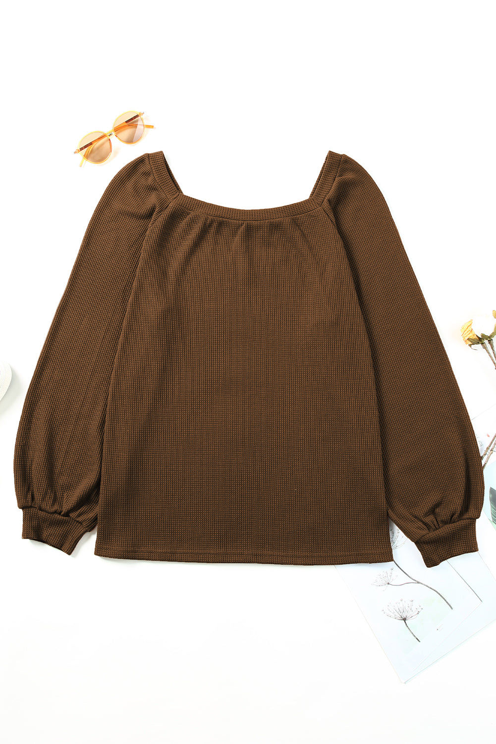 Brown Waffle Texture Casual Square Neck Pullover Top