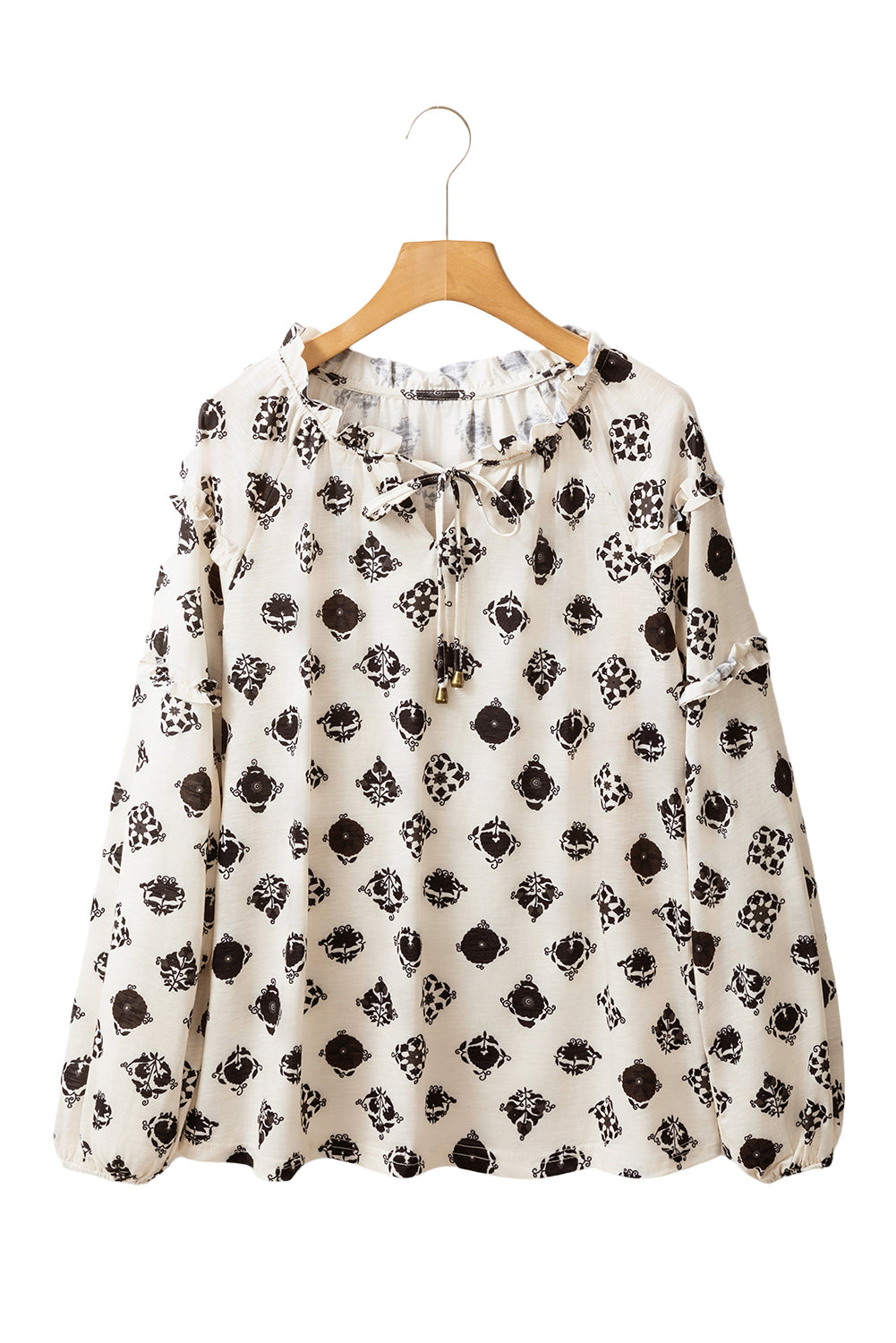 White Flower Print Split Neck Bubble Sleeve Loose Blouse