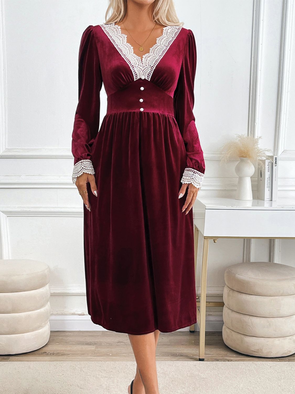 Perfee Lace Detail V-Neck Long Sleeve Midi Dress