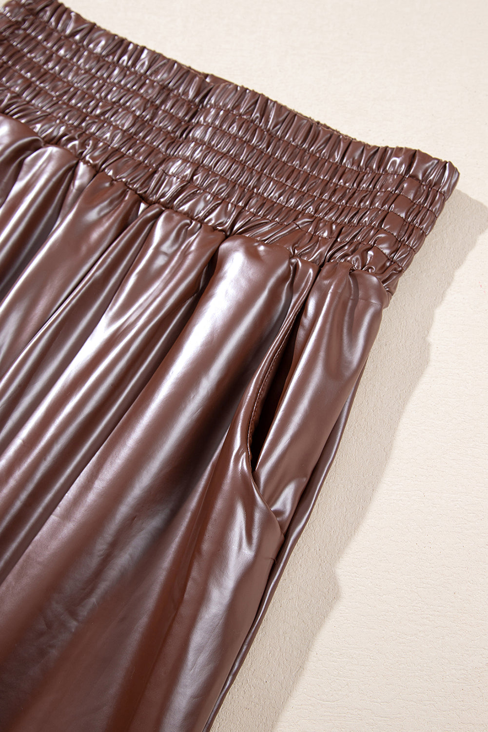 Brown Smocked High Waist Leather Skinny Pants