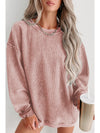 Pink Solid Ribbed Round Neck Pullover Sweatshirt