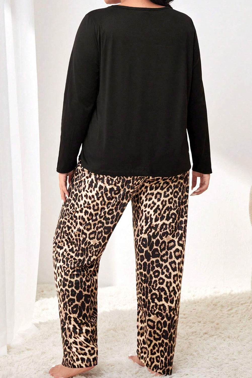 Black Leopard Patched Pocket Long Sleeve Top Plus Size Pajama Set