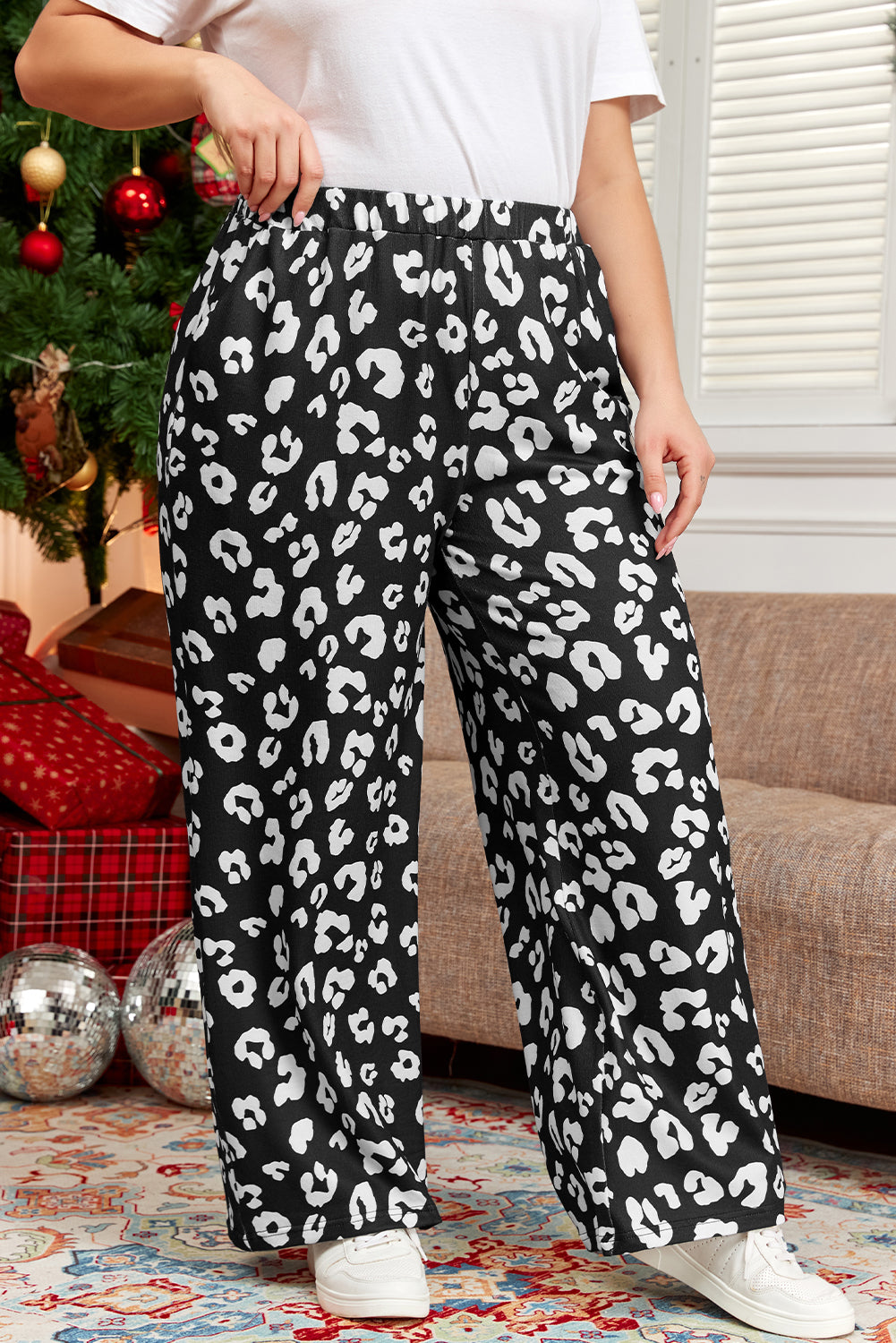 Leopard Print Wide Leg Pockets Plus Size Pants