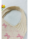 Beige Sweet Bowknot Print Textured Knitting Strap Shoulder Bag