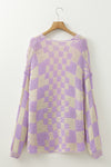 Orchid Petal Colorblock Checked Open Front Knitted Cardigan