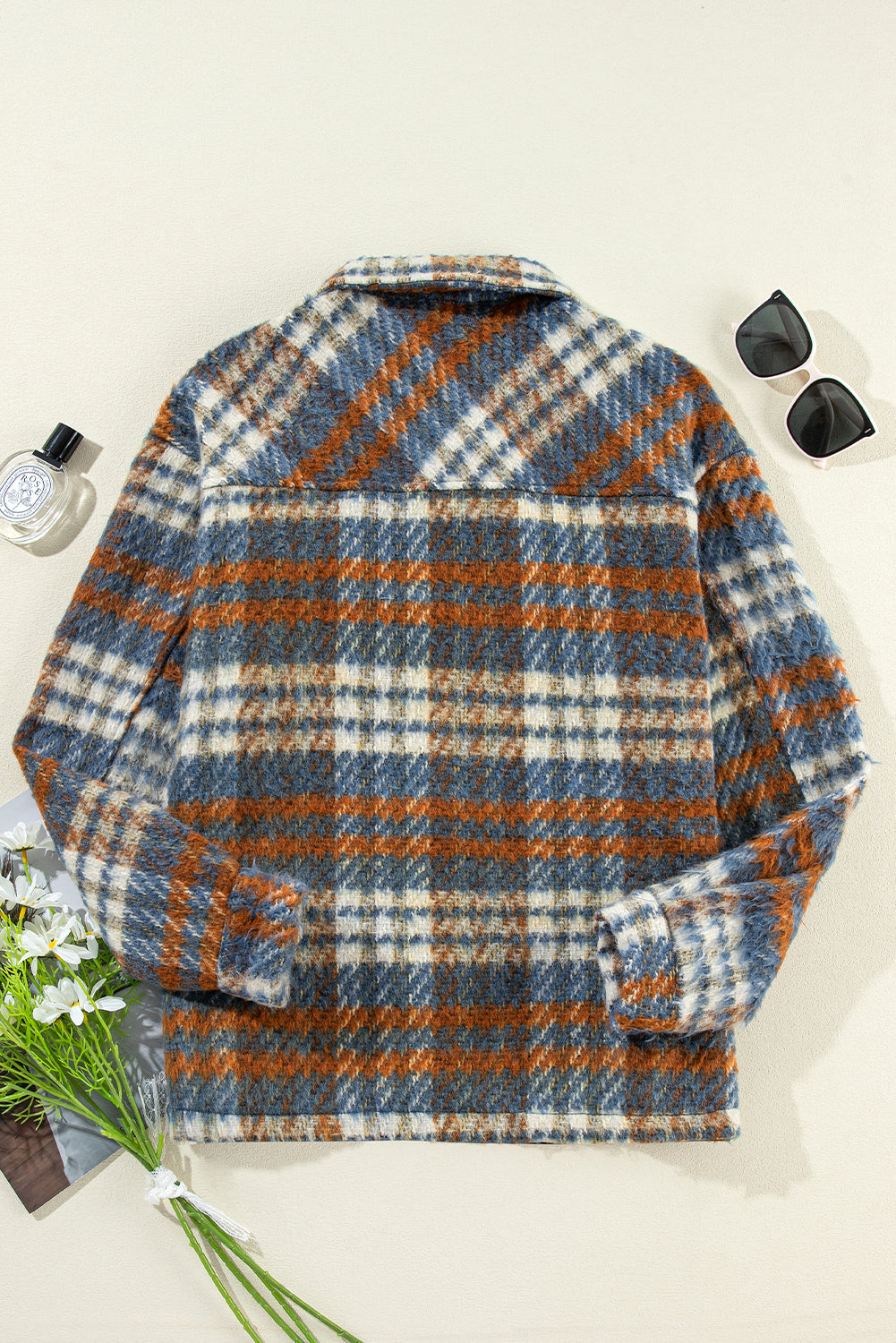 Mist Green Plaid Print Chest Pockets Turn Down Collar Shacket