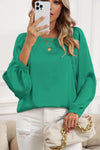 Pink Plain Satin Puff Long Sleeve Crewneck Blouse