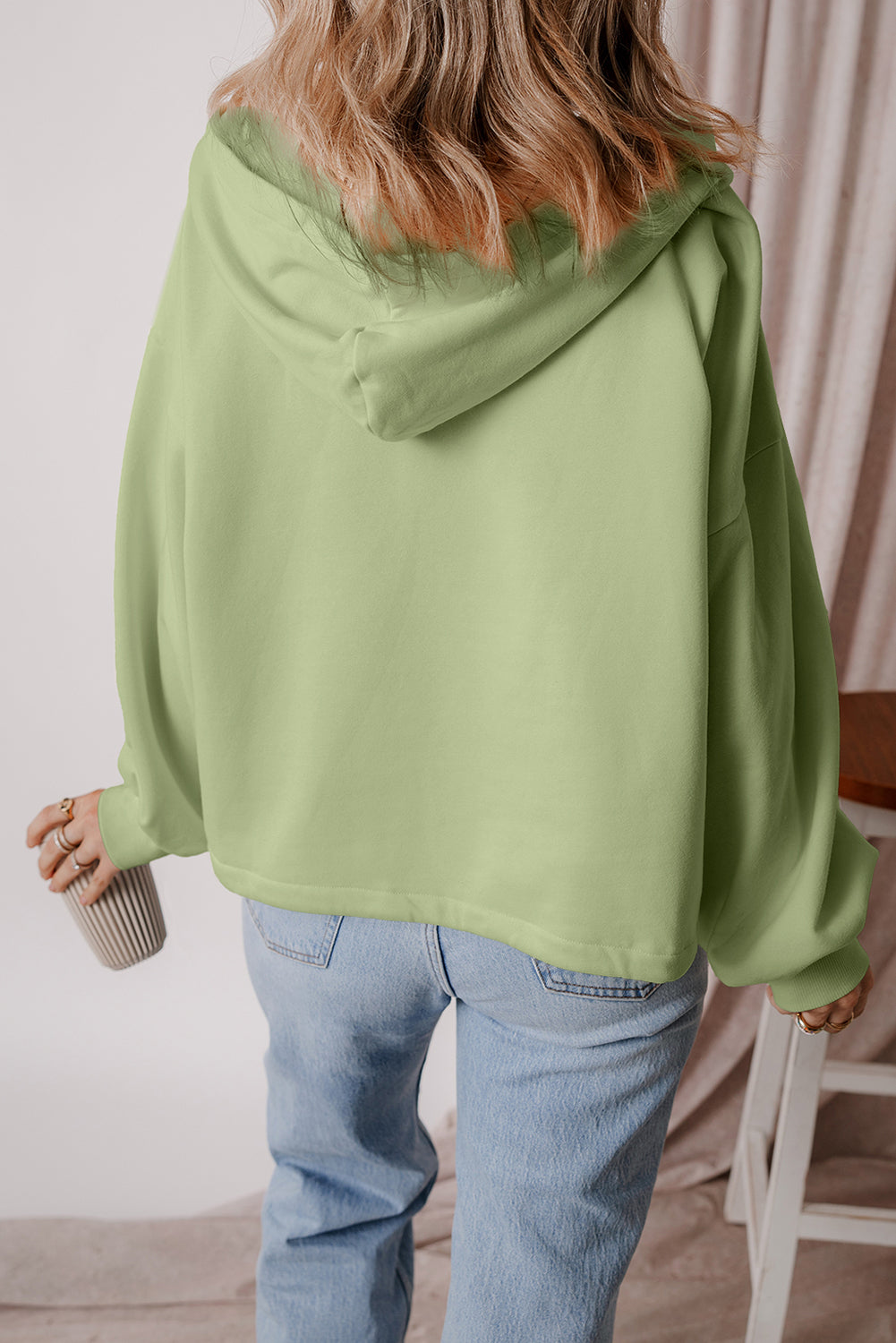 Smoke Green Half Zipper Kangaroo Pockets Drop Shoulder Hoodie