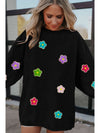 Black Flower Chenille Glitter Embroidered Ribbed Sweatshirt