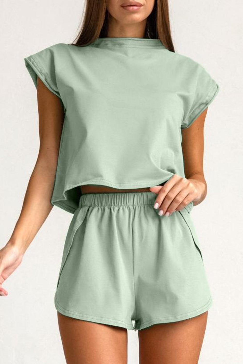 Smoke Green Solid Color Cropped Tee & Shorts Set