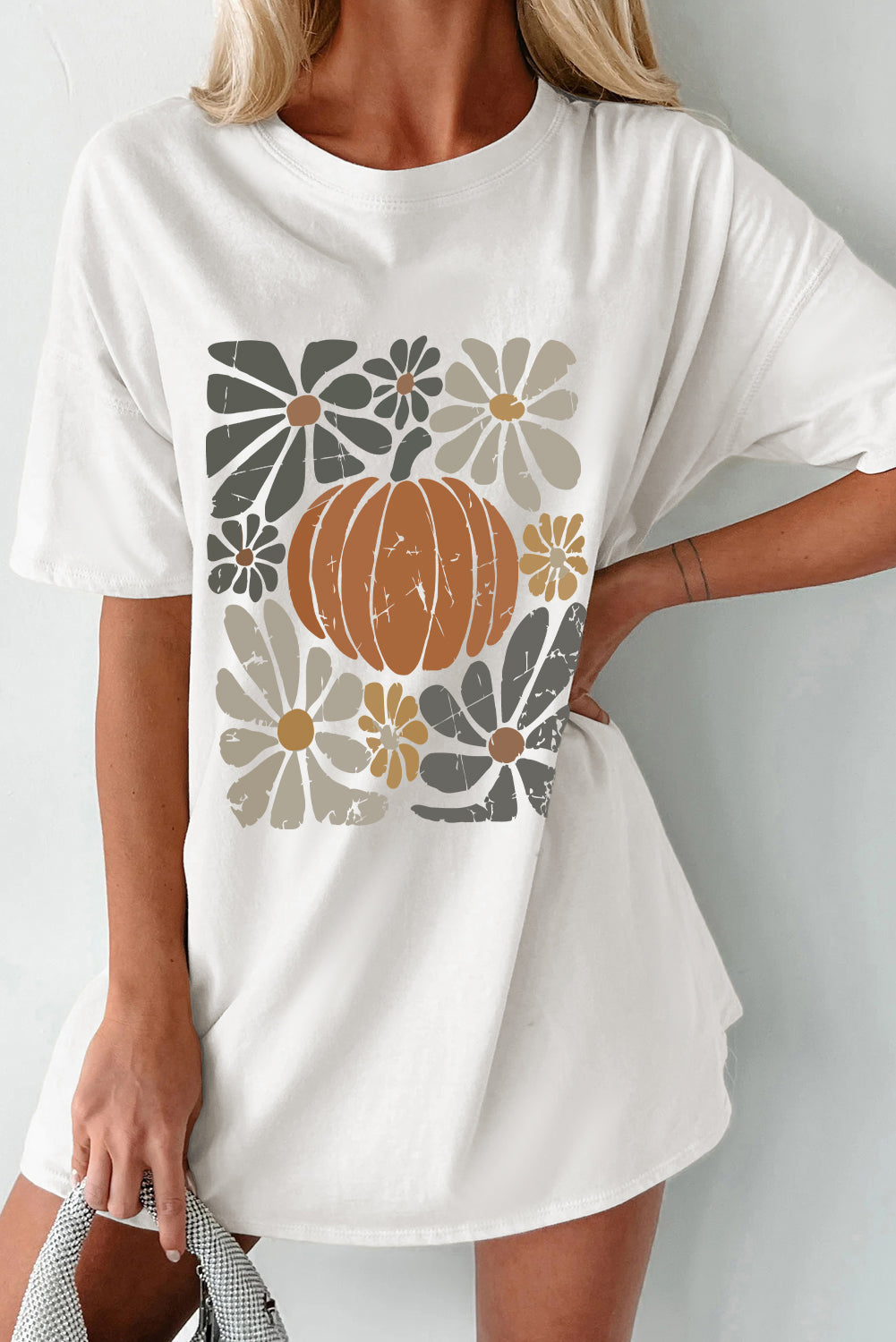 White Thanksgiving Pumpkin Floral Print Graphic Tee