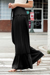 Black Frill Detail Drawstring High Waist Wide Leg Pants