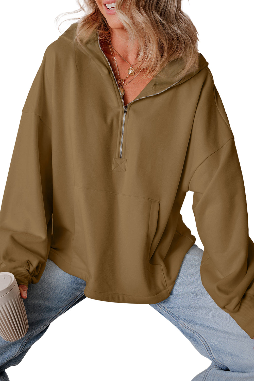 Smoke Green Half Zipper Kangaroo Pockets Drop Shoulder Hoodie