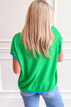 Rose Red Contrast Trim Round Neck Short Sleeve Loose Knit Top
