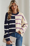 Light Beige Striped Colorblock Drop Shoulder Sweater