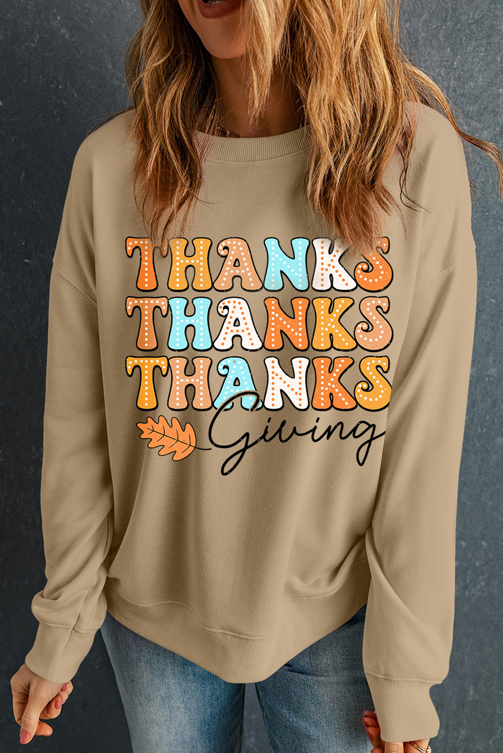 Khaki THANKS giving Leave Printed Drop Shoulder Sweatshirt