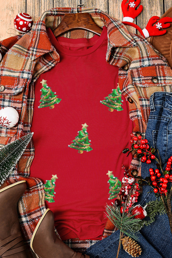 Red Christmas Tree Graphic Sequins Patch Crewneck T Shirt