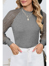 Black Basic Crew Neck Dressy Striped Mesh Long Sleeve Top