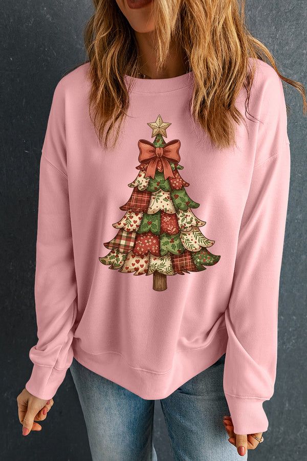 Pink Christmas Tree Graphic Heat Transfer Printing Baggy Sweatshirt