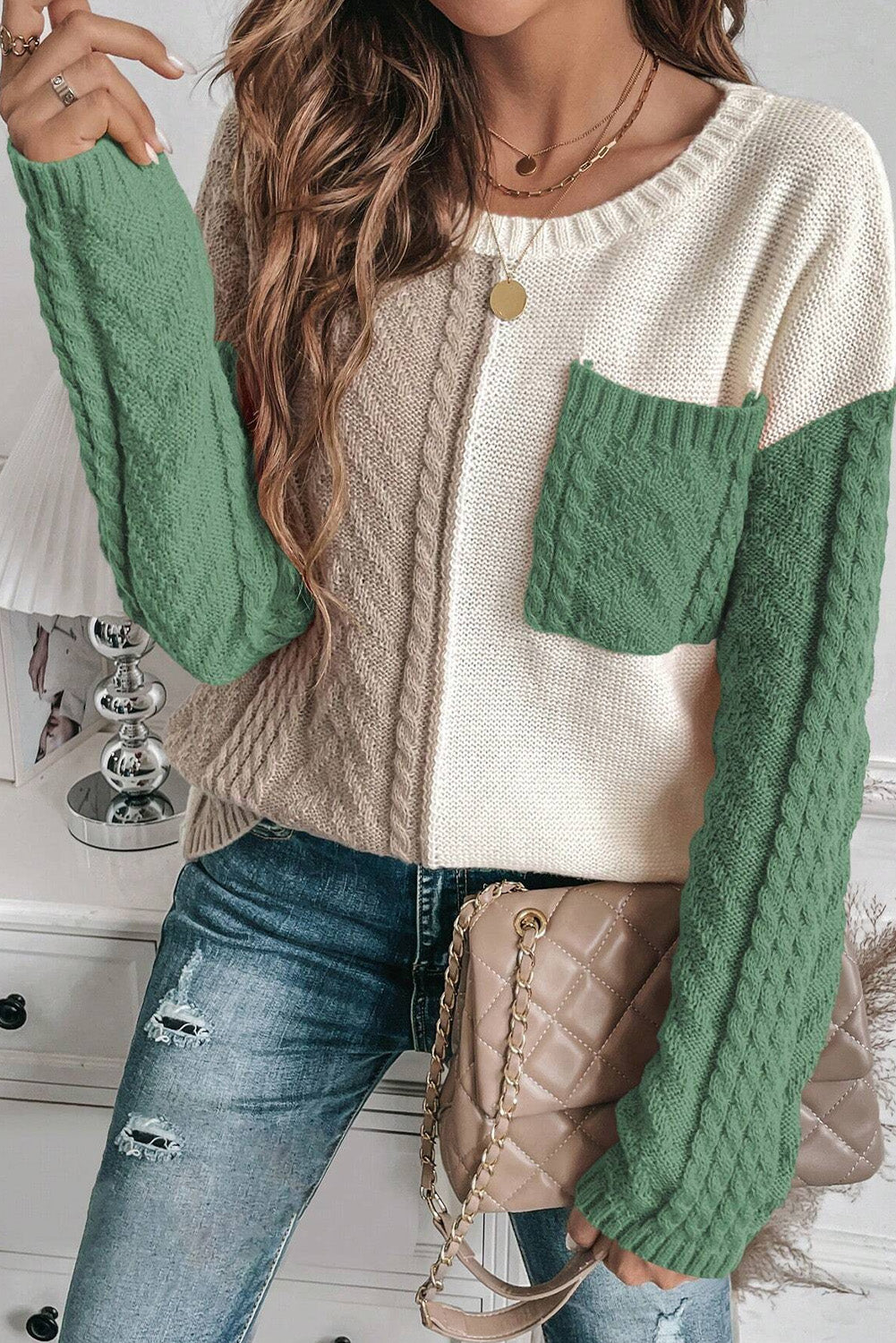 Rose Tan Colorblock Pocket Drop Shoulder Sweater