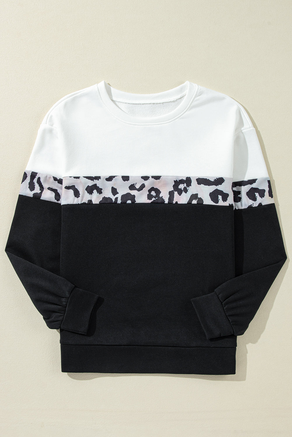 Black Leopard Colorblock Round Neck Long Sleeve Top