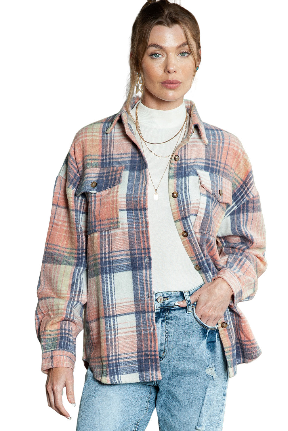 Pink & Grey Plaid Button Up Collared Flannel Shacket