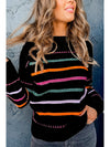 Black Colorful Striped Ribbed Trim Round Neck Sweater