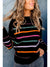 Black Colorful Striped Ribbed Trim Round Neck Sweater