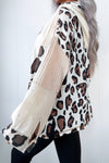 Apricot Leopard Mixed Texture Patchwork Zip Up Drop Shoulder Hoodie