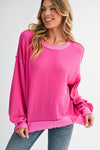 Strawberry Pink Twisted Ribbed Seamed Patchwork Long Sleeve Top