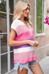 Pink Colorblock Notch V Neck Knit T Shirt