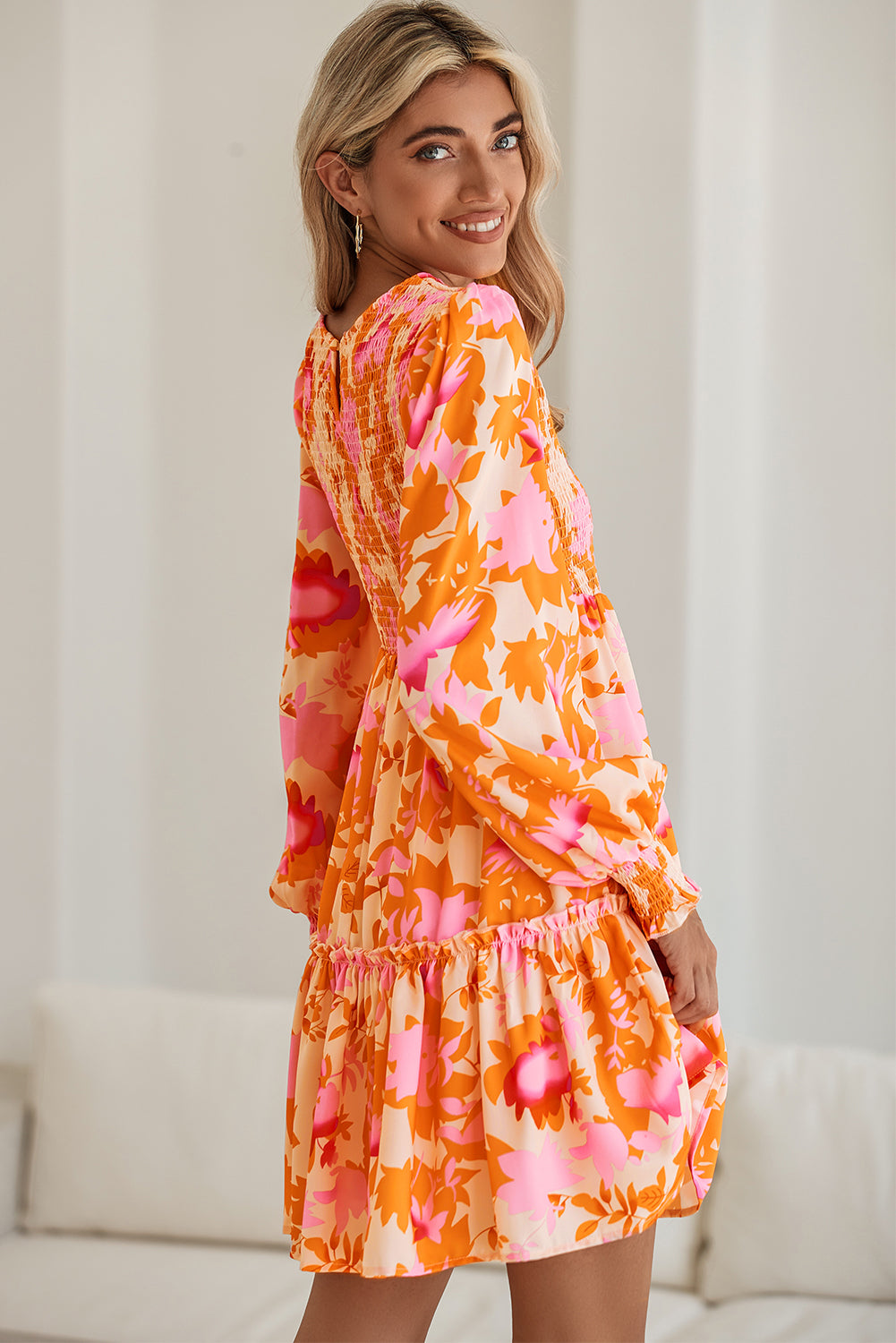 Orange Abstract Print Smocked Bust Lantern Sleeve Ruffle Mini Dress